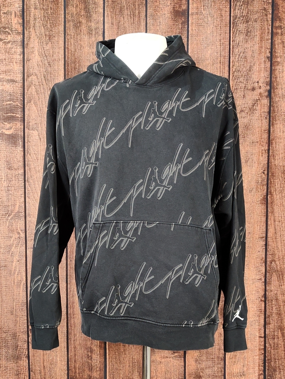 Jordan Black Hoodie with Allover Light Gray Flight Script